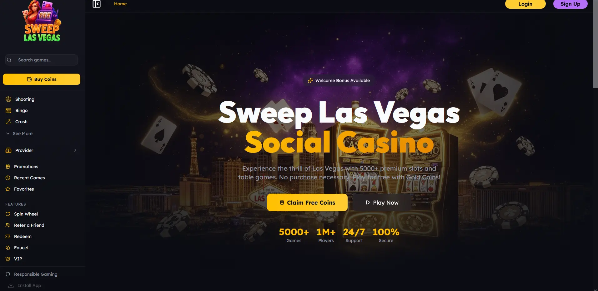 SweepLasVegas casino lobby with pokies, live dealer tables and daily rewards menu